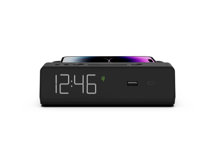 Nonstop, Station W, Single Day Alarm Clock, w/ QI Wireless Charging, USB-A and USB-C, Black