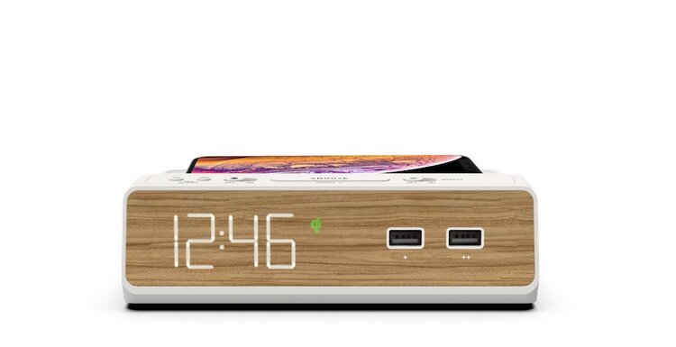 Nonstop, Station W, Single Day Alarm Clock, w/ QI Wireless Charging, USB-A and USB-C, White