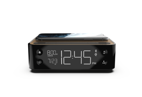 Nonstop, Station A, Single Day Alarm Clock, w/ QI Wireless Charging, USB-A and USB-C, Bluetooth, Walnut