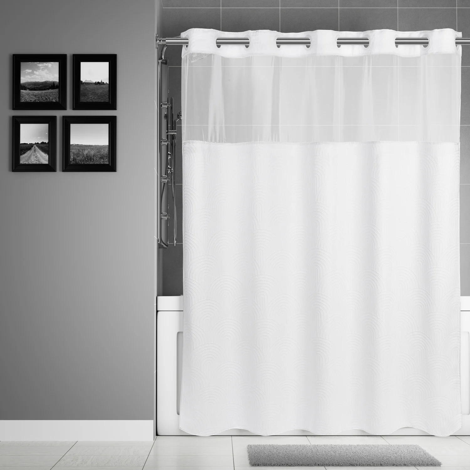 Shower Curtain, Hookless, Whimsical Arch, 71x77, w/ Window and Liner, White