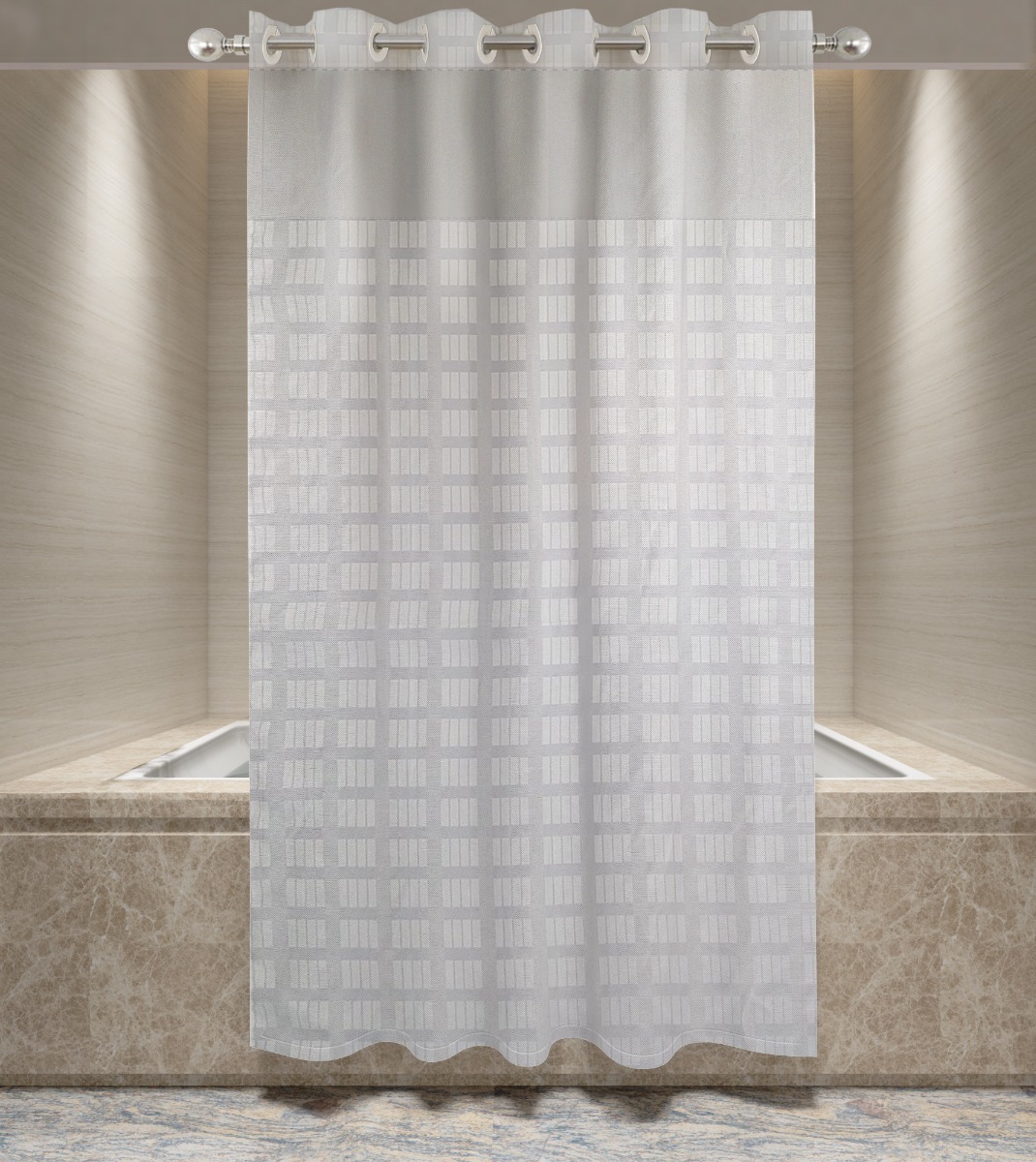 Easy-Hook, Box Stripe, Shower Curtain, w/Window 72x77, White, No Liner