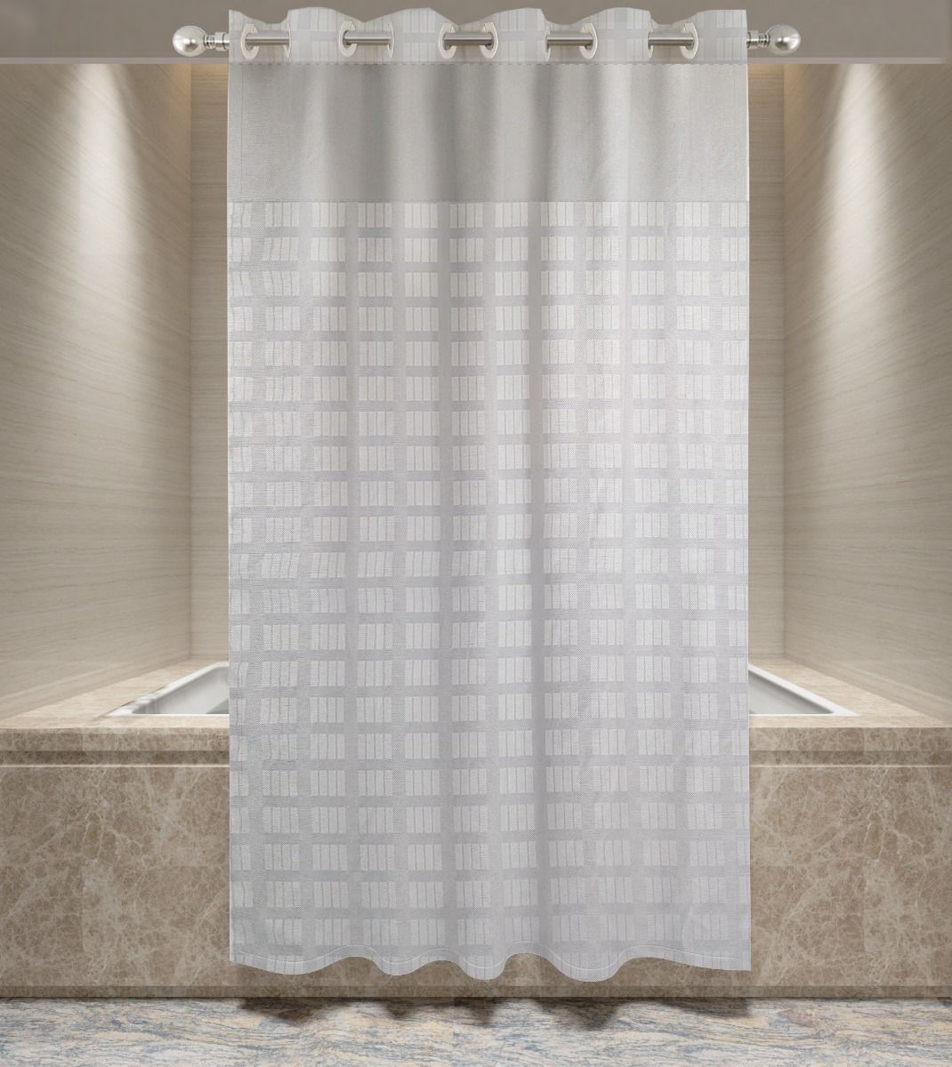 Easy-Hook, Box Stripe, Shower Curtain, w/Liner & Window 72x77, White