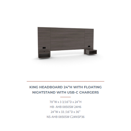 Quality Inn Elevated king headboard 24”h with floating nightstand with usb-c chargers