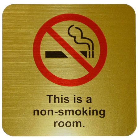 "This is a Non Smoking Room" Sign, Gold/Red, 3"x3", Plastic