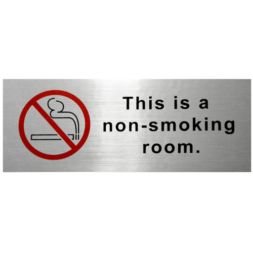 No Smoking Door Sign, 6.5"x2.5" Silver/Black, Plastic